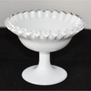 Fenton Silver Crest White Milk Glass Ruffled Edge Pedestal Compote Candy Dish